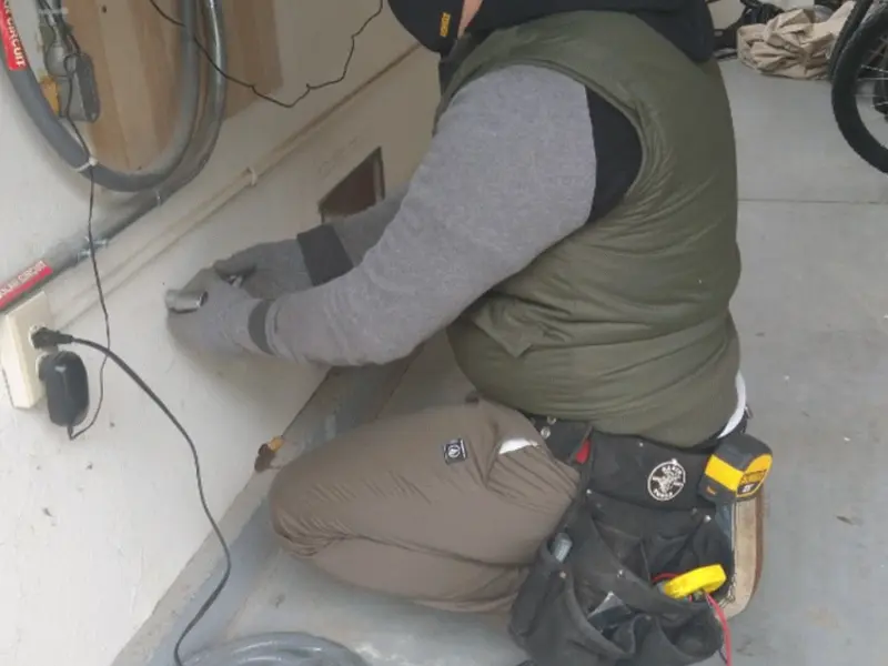 Electrician performing outlet wiring in a Kill Devil Hills garage